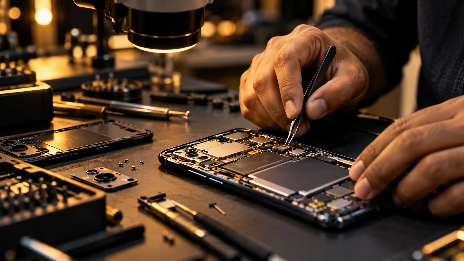 Illustrative mobile phone motherboard repair workbench; not a photograph of Anand staff